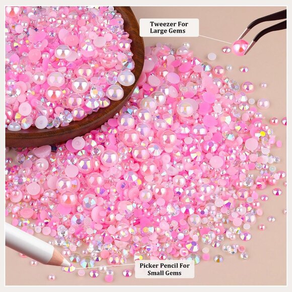 9000PCS Flatback Pearls and Rhinestones for Bedazzling, Pink White Mixed Size 3- - Picture 4 of 7